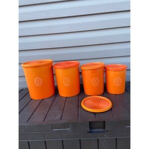 Vintage Tupperware Orange Servalier Canister Set 4 Sunburst Lids Floral Graphic